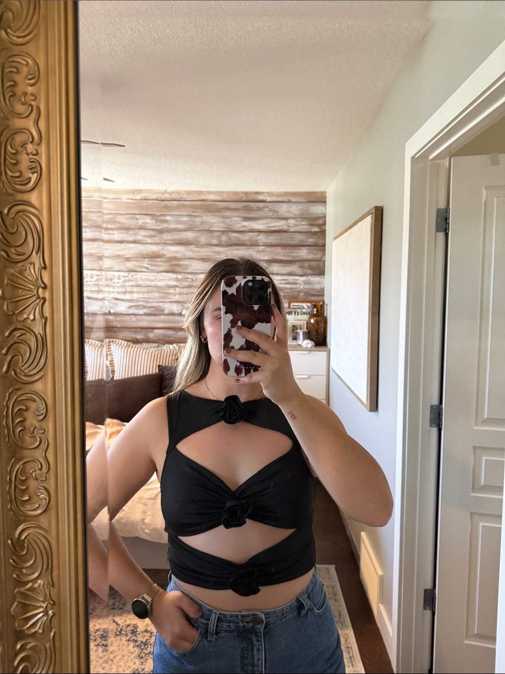 Black Cutout Crop Top Rosette Accent Tank